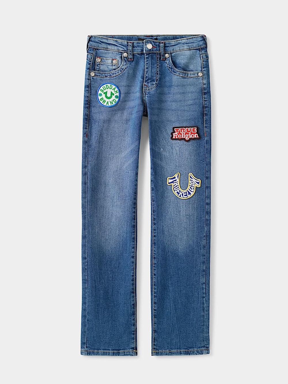 True Religion Kids Blue Denim Jeans with Colorful Logo Patches